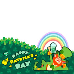 St. Patrick's Day backdrop. Illustration of a funny lying leprechaun with a pint of green beer in his hand on background   of clover leaves. Blank space for your text included. Vector 8 EPS.