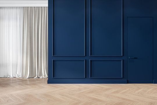 Modern classic blue interior blank wall with moldings, curtains, hiden door and wood floor. 3d render illustration mock up.