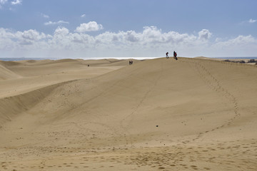 Scenic view of Maspalomas sand dunes on seacoast in Gran Canaria island in Canary islands in Spain. Beautiful summer sunny look of white sand and sea on paradise island in Atlantic ocean.