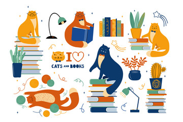 Big set of funny cats are literary fans. Cute animals lovers of literature. Cartoon cats read and sit on a large stack of books. Hand drawn Scandinavian vector illustration. Handwritten lettering.