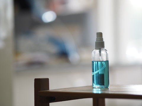 Alcohol 75% In A Spray Bottle Placed On The Table, Prevent Germs Protect Virus Covid 19