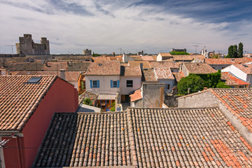Exterior view from the ramparts of the walls, the fortified city of Aigues Mortes, in the Camargue France.
