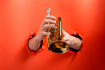 Hands playing pocket trumpet torn red paper background