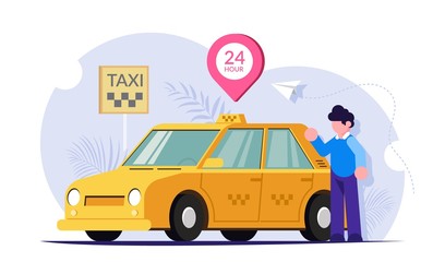 Taxi online 24 hours a day. The driver or customer near the yellow car. The 24-hour service is working. Modern flat vector illustration.