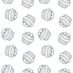Pattern with cupcakes. Hand drawn black-n-white pattern of cupcakes decorated with blueberries. Vector 8 EPS.