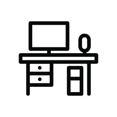 Office workplace with desktop computer icon. Work table with computer monitor and chair vector illustration