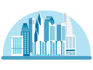 Fototapeta premium City, high rise buildings, streets. View of the attraction, logo. In minimalist style. Cartoon flat raster