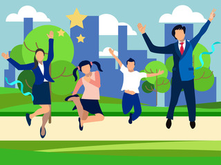 Obraz premium Background park, a joyful family jumping. Mom dad and two children. In minimalist style. Cartoon flat raster