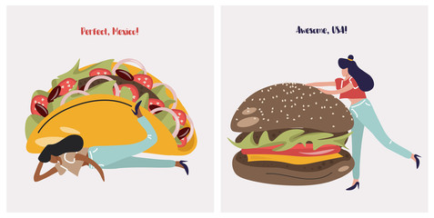A set of cute illustrations about a gastronomic trip to USA and Mexico