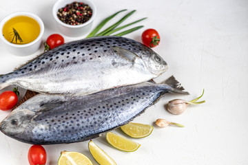 Sea delicious fresh fish on a light background. Frozen product. Fish with aromatic herbs, spices and vegetables - the concept of a healthy diet, diet or cooking.