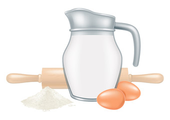 Jar of milk with rolling pin and two eggs. Vector illustration.