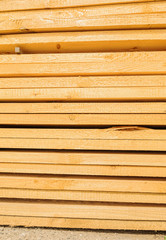 Close up board pine stack building materials high parallel folded dry building design pattern
