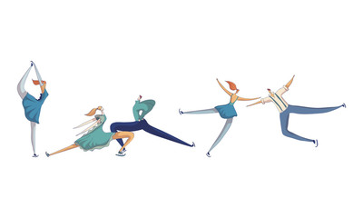 Fototapeta premium People Having Figure Skating Championship Performing Professional Motions Vector Set