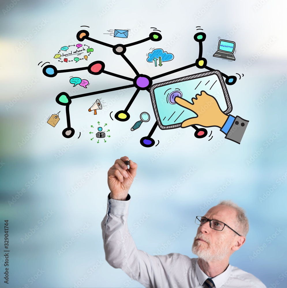 Wall mural businessman drawing social network concept