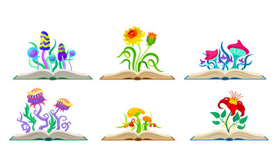 Open Books with Fancy Mushrooms and Flowers Peeped Out Vector Set