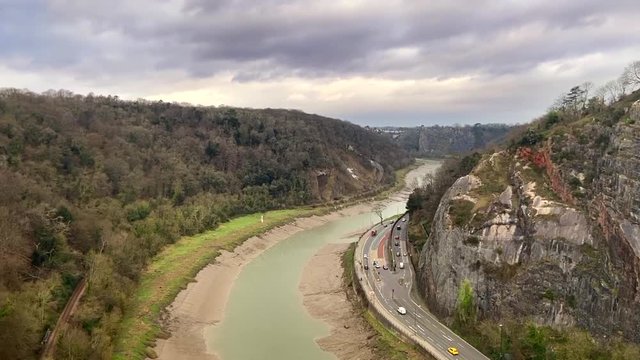 Heavy skies of Storm Brendan hanging over the impressive cliffs of the Avon Gorge, in Bristol, England