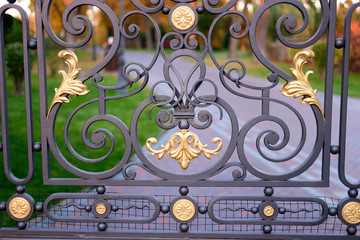Forged decorative metal fence close up. Garden park gates.