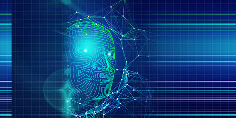 Technology background of 3d grid  head with lines and lens effects. Artificial intelligence concept for business and sciense. AI.