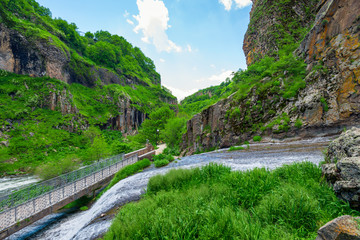 Fototapeta na wymiar Current Mermaid Hair Waterfall in Armenia, Jermuk city natural attractions