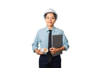 Smiling architecture man in safety hat holding a blueprint and laptop standing  isolated white background.