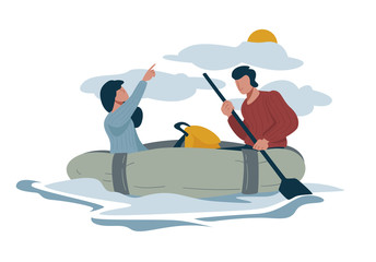 Rafting or hiking and backpacking, couple in boat, active pastime