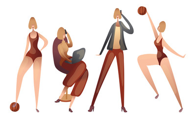 Fototapeta na wymiar Fashionable Woman Talking by Phone and Playing Basketball in Swimsuit Vector Set