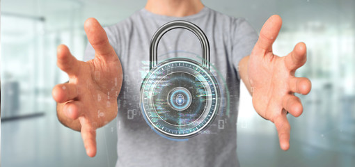 Businessman holding a padlock and security data - 3d rendering