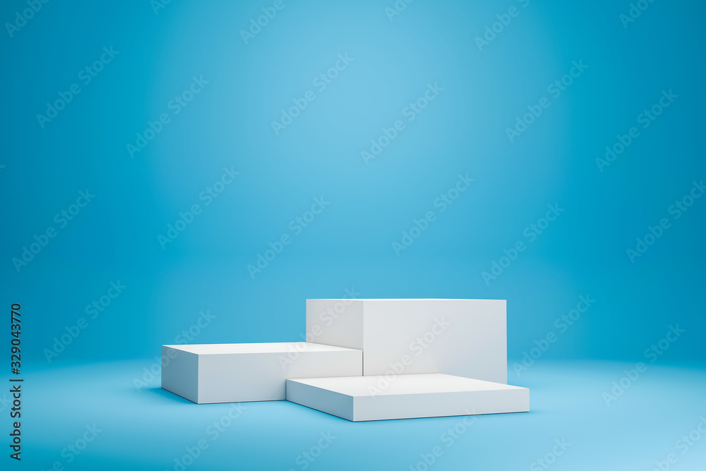 Leinwandbilder White podium shelf or empty studio display on vivid blue summer background with minimal style. Blank stand for showing product. 3D rendering.