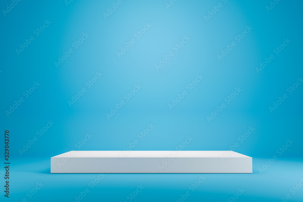Poster White podium shelf or empty studio display on vivid blue summer background with minimal style. Blank stand for showing product. 3D rendering.