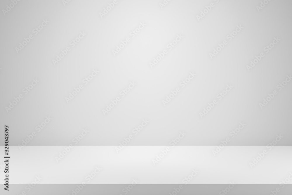 Fototapete Blank white gradient background with product display. White backdrop or empty studio with room floor. 3D rendering.