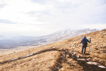 Man Hiker Walking Mountains Winter Landscape Adventure Lifestyle