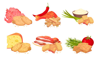 Croutons with Various Flavours Arranged with Products Like Bacon and Cheese Vector Set