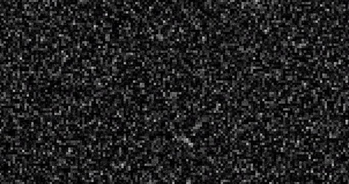 TV noise and pixel effect zoom from small to big. Mosaic effect in black and white. Fractal noise square on black