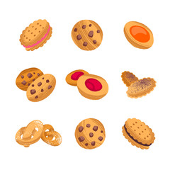 Set of cartoon yummy sugar cookies. Collection different hand drawn homemade pastry.
