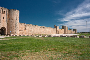 Exterior view from the ramparts of the walls, the fortified city of Aigues Mortes, in the Camargue France.