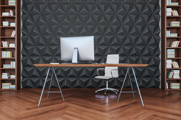 Computer in contemporary office interior with abstract blank gray wall