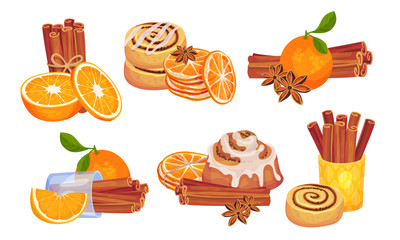 Cinnamon Sticks and Orange Fruit Compositions Vector Set