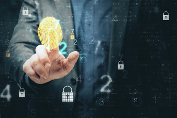 Businessman hand using internet security hologram