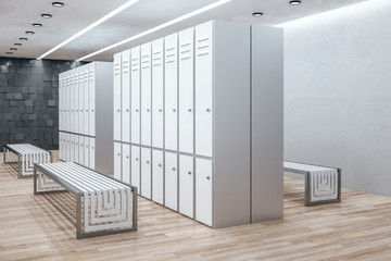 Luxury locker room interior with bench.