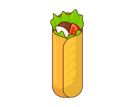 Shawarma fast food meat roll. Arabic eastern toasty doner kebab meal. Cartoon shaurma or burrito flat vector illustration with edging