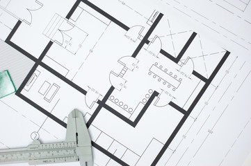Close-up of the construction project design on the architect's blueprint and interior planning.