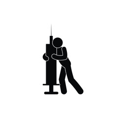 addict holding a syringe, illustration of heroin addiction, stick figure man pictogram, isolated icon