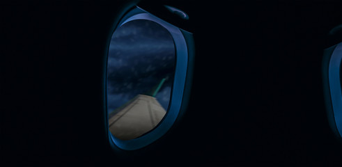 Close up of airplane window during dark night rain.