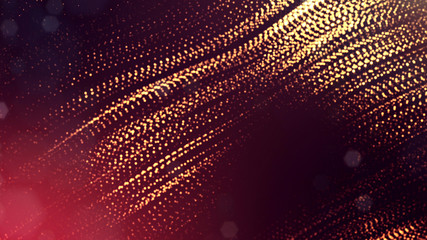 3d render of golden red glow particles in air as science fiction of microcosm or macro world. Abstract sci-fi background with depth of field and glowing particles, bokeh effects.