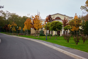 Big private house in a park. Street with a smooth asphalt road.