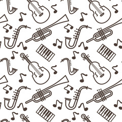 Fototapeta na wymiar Violin and pipe, saxophone and piano, musical instruments seamless pattern