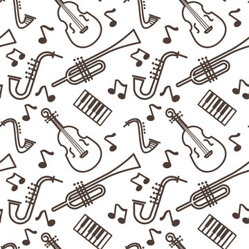 Violin and pipe, saxophone and piano, musical instruments seamless pattern