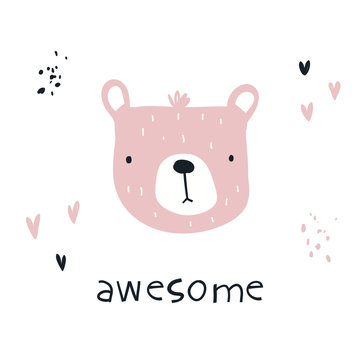 Vector color cute children's hand-drawn illustration, poster, print, postcard with a funny pink bear and lettering awesome in the Scandinavian style on a white background. Cute baby animals.