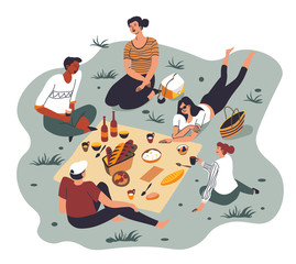 Male and female characters on picnic talking and eating