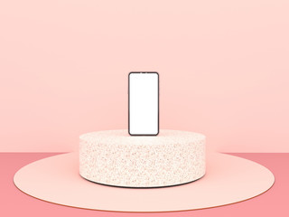 The view is a simulation of Smartphone white screen resting on a Round marble Podium on the pastel pink floor, Isolated on pink background, Podium can be used for commercial advertising, 3D rendering.